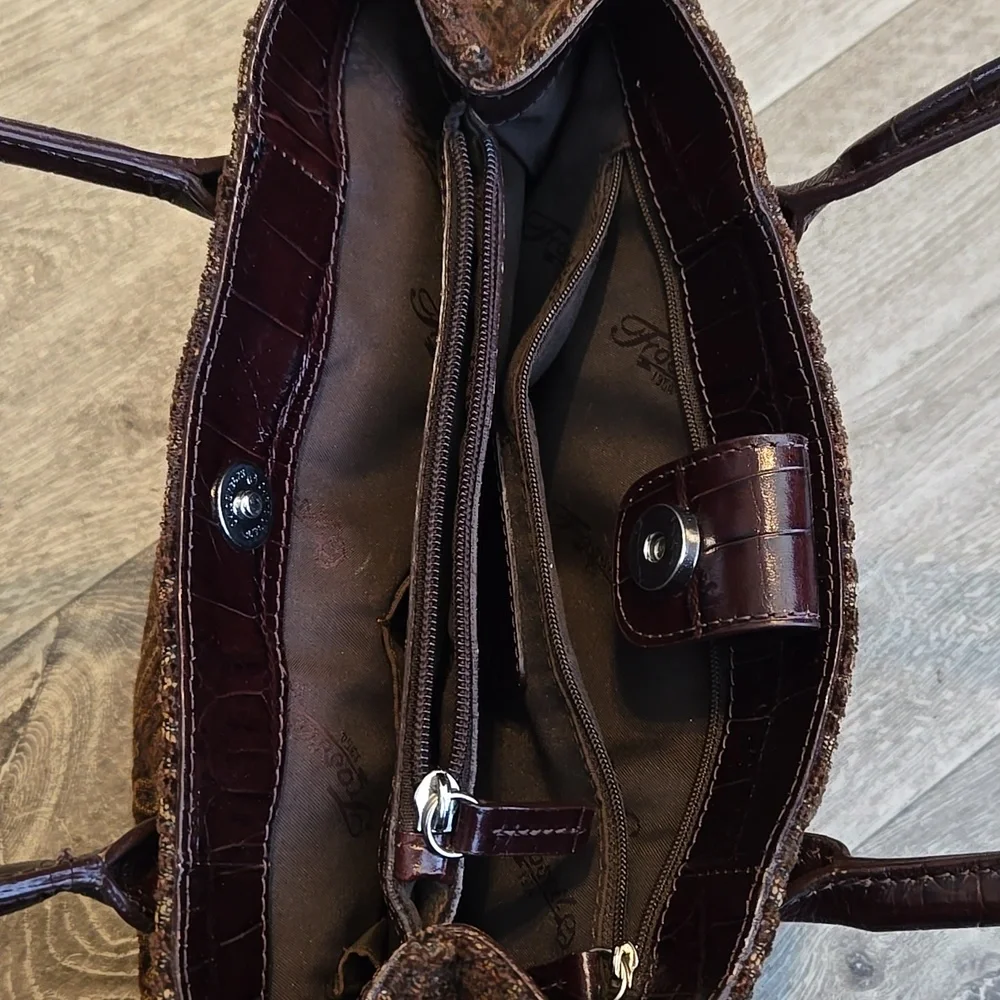 Fossil Chocolate Brown Patterned Velvet Tote Handbag